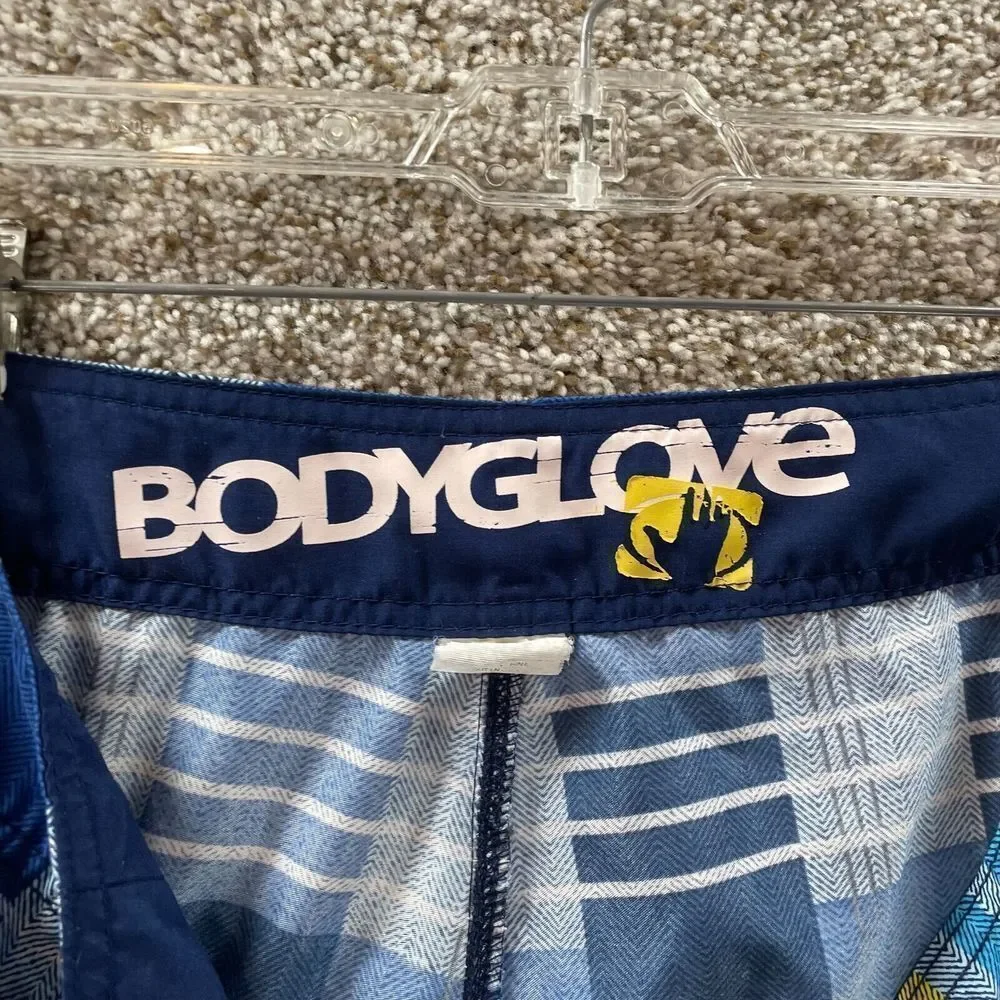 Body Glove Shorts Mens 36 Blue Yellow Plaid Board Shorts Pockets Swimwear Surf‎